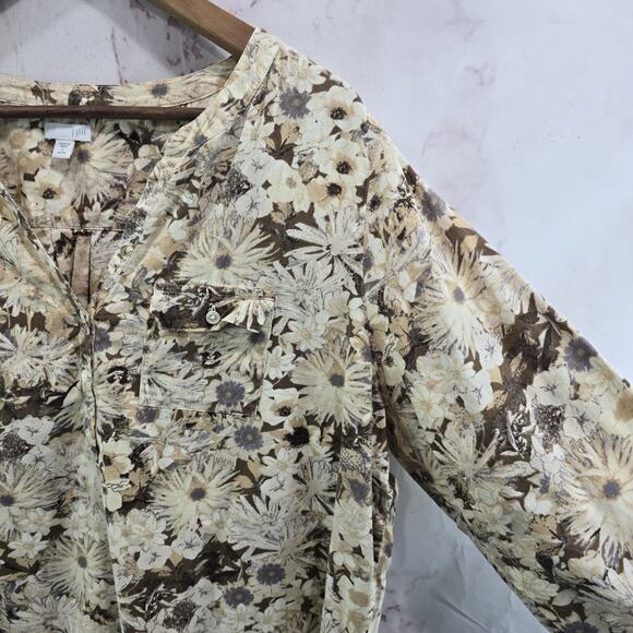 J Jill Shirt Womens Large P Petite Yellow Beige Floral Button Up Popover Notch - Picture 9 of 10